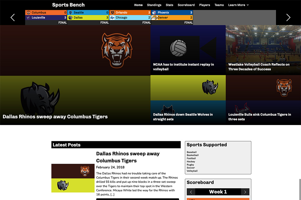 Screenshot of the volleyball tiled homepage in Sports Bench