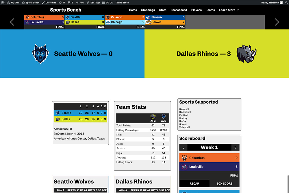 Screenshot of the volleyball box score page in Sports Bench