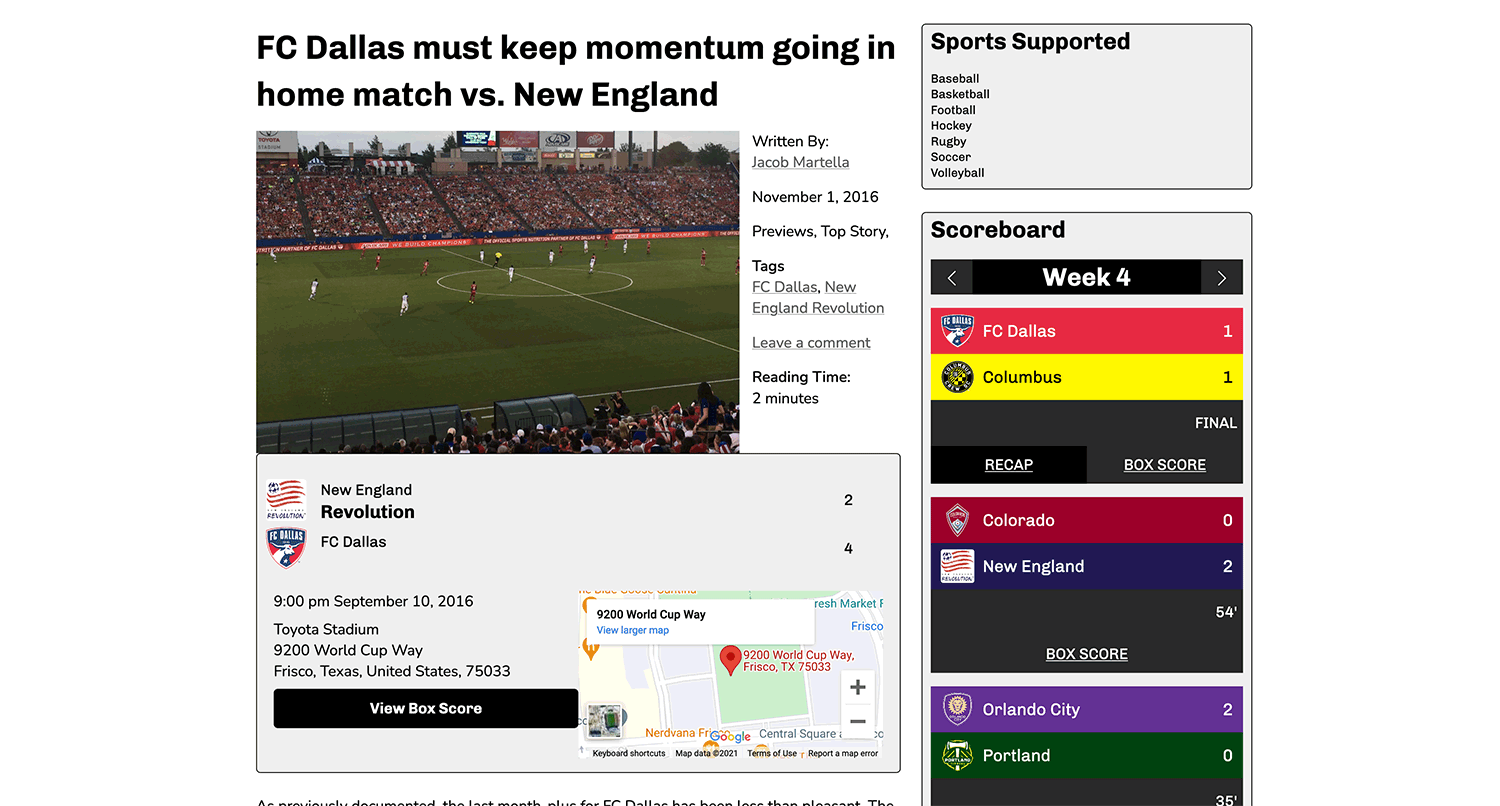 Screenshot of a game preview post with the Google Map for the game's stadium towards the bottom