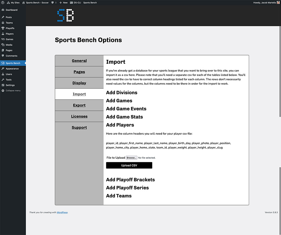 Screenshot of the import data page for Sports Bench in the WordPress admin