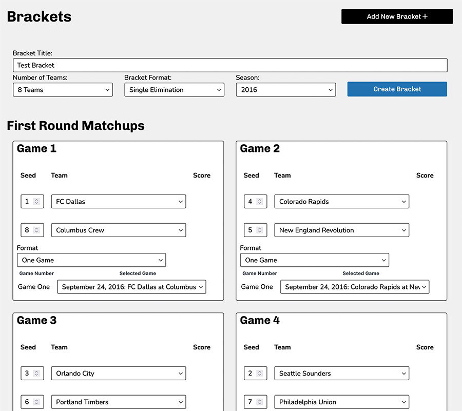 Screenshot of the edit bracket page in Sports Bench