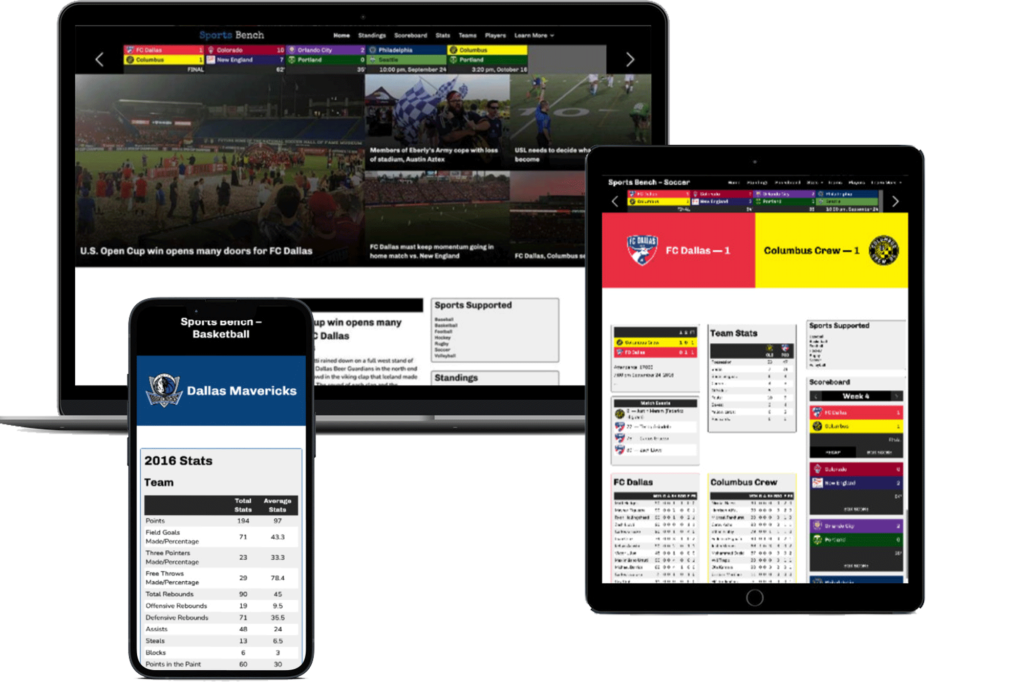 Sports Bench Soccer demo homepage on a laptop, the Sports Bench soccer box score page on a tablet device and a Sports Bench team page on an iPhone