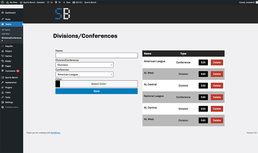 Screenshot of the baseball divisions admin screen in Sports Bench