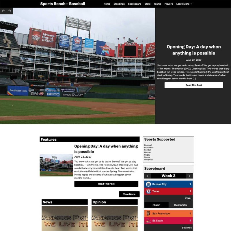 Screenshot of the baseball slider homepage in Sports Bench