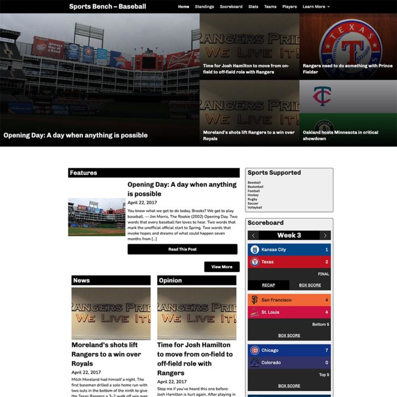 Screenshot of the baseball tiled homepage in Sports Bench