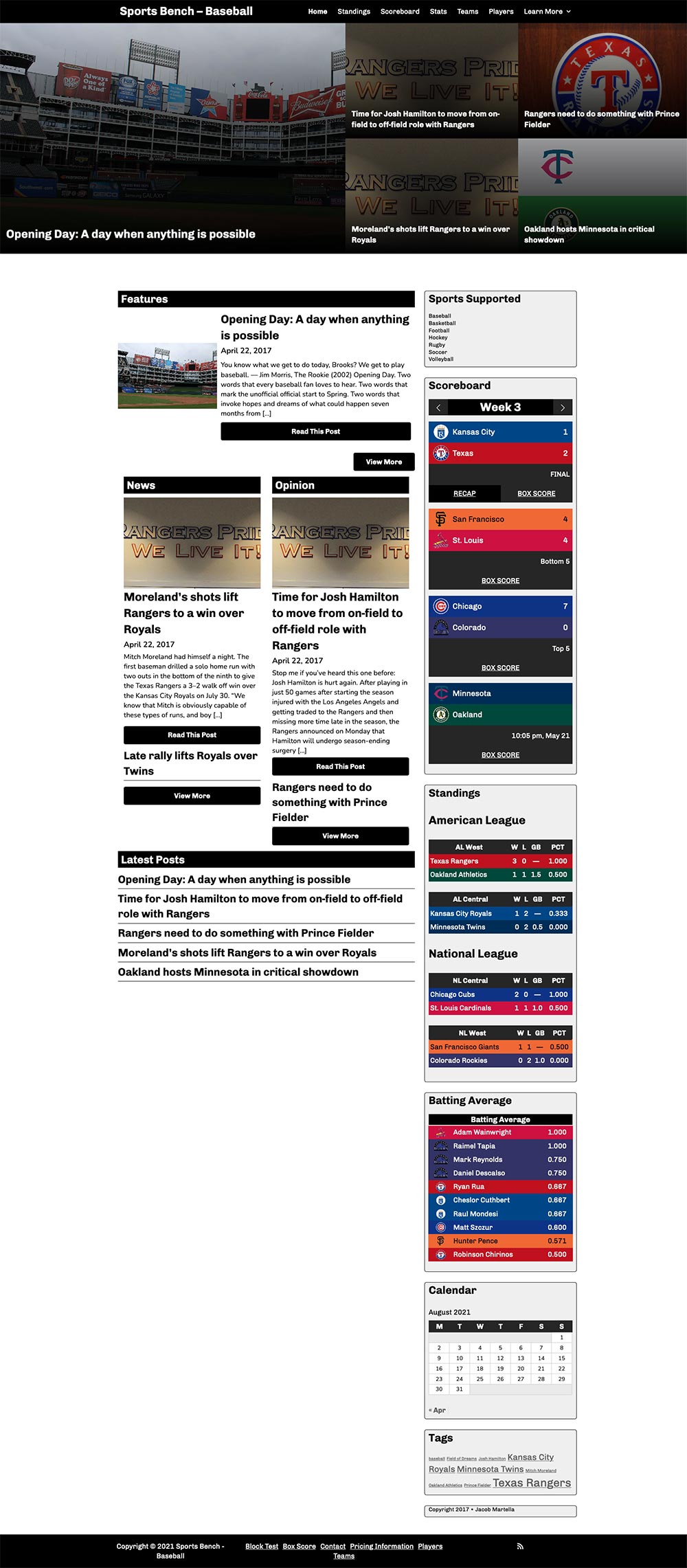 Screenshot of the baseball tiled homepage in Sports Bench