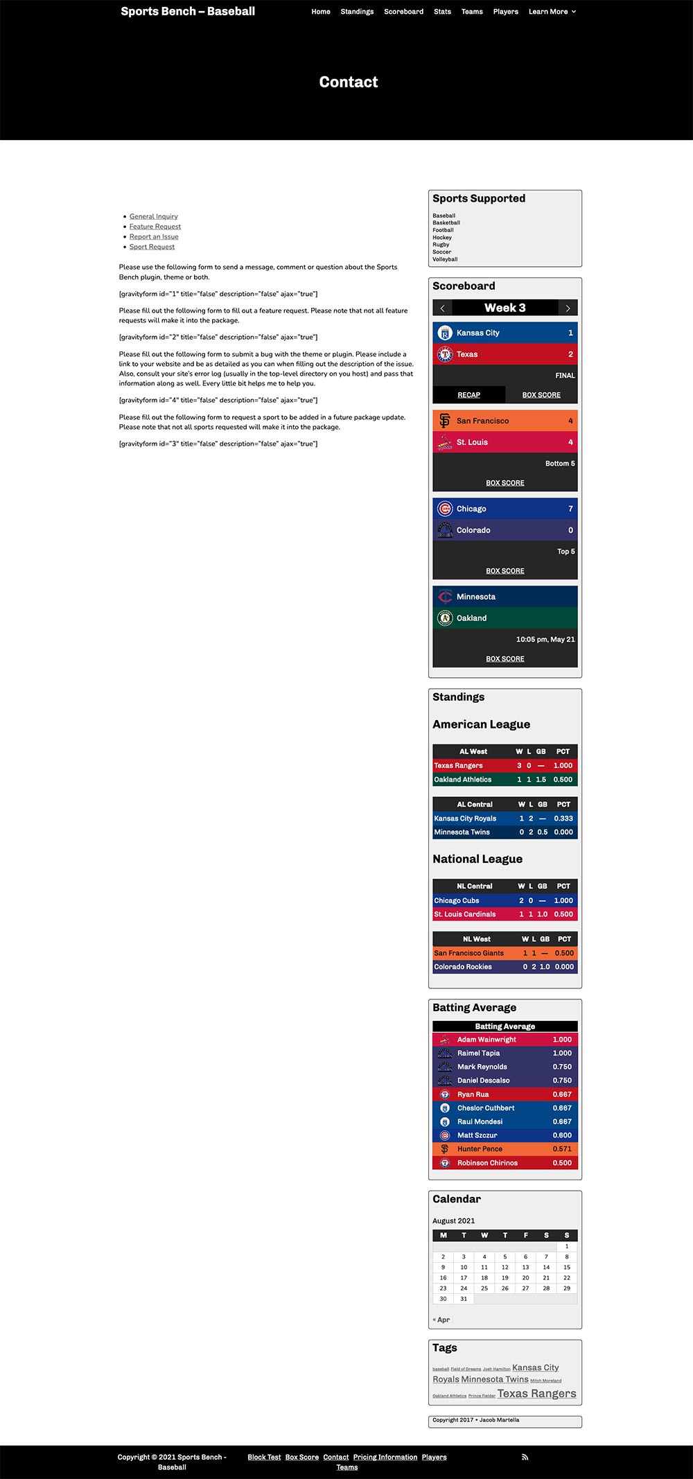 Screenshot of the baseball default page template in Sports Bench