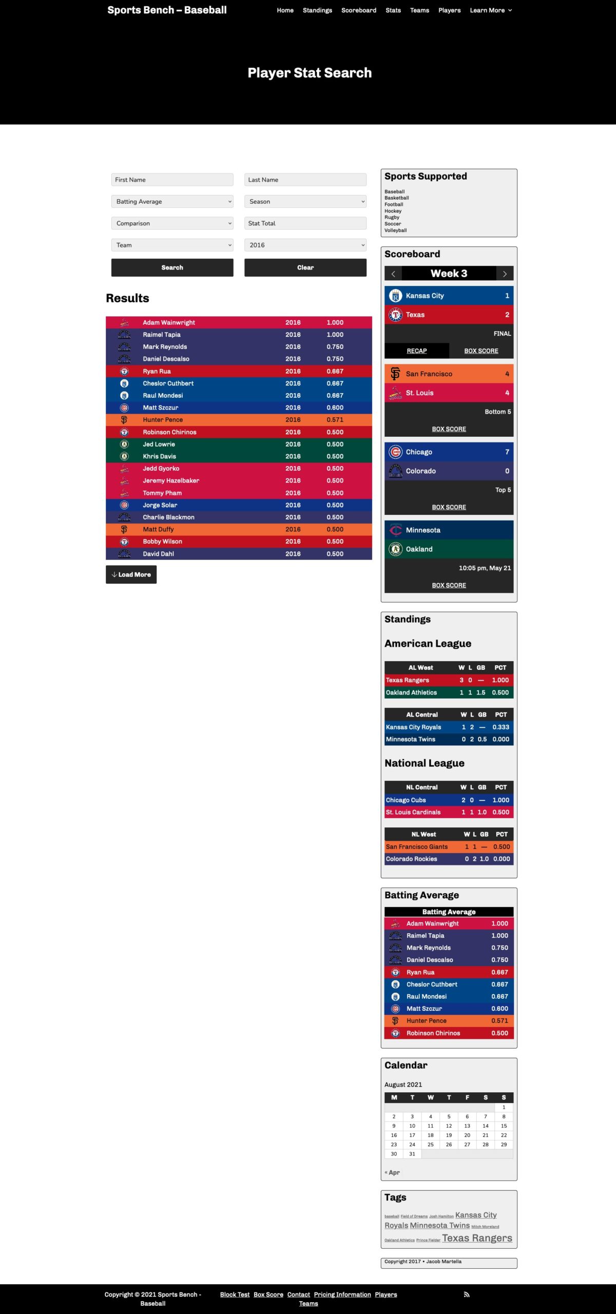 Screenshot of the baseball player stat search in Sports Bench