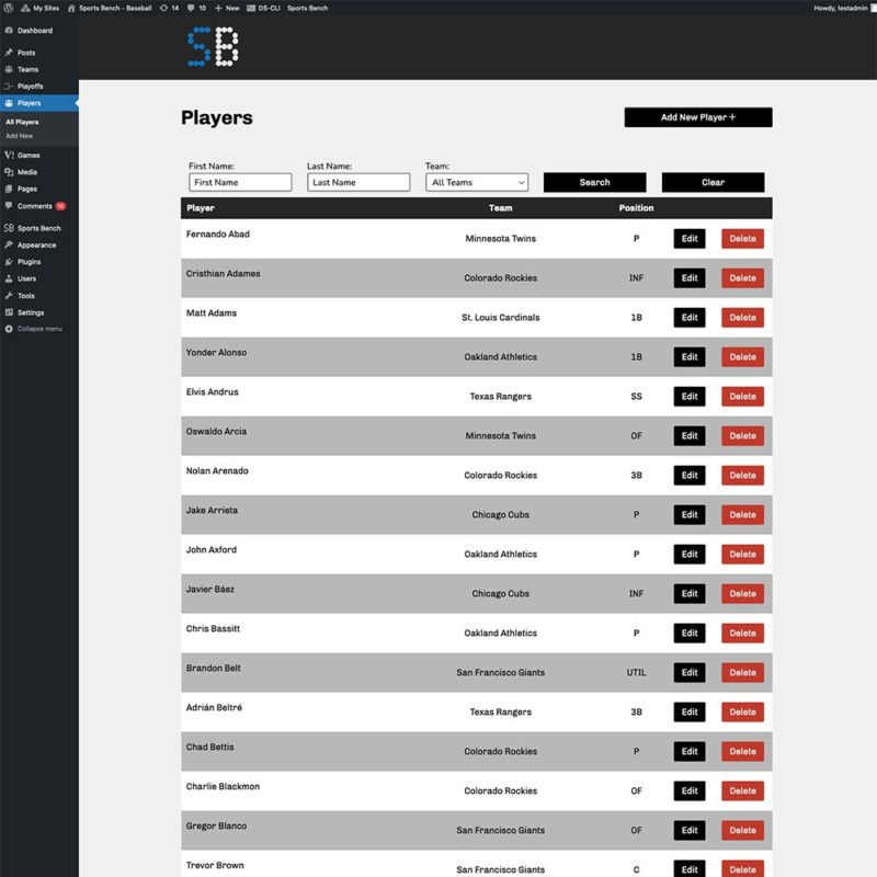 Screenshot of the baseball players admin screen in Sports Bench