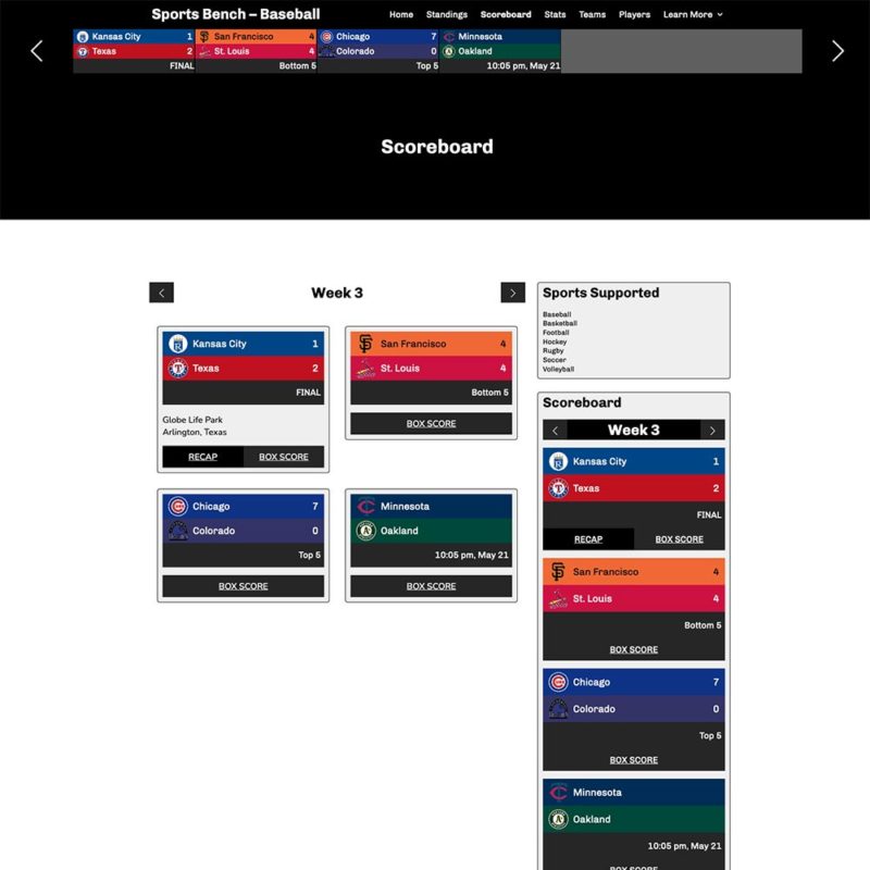 Screenshot of the baseball scoreboard page in Sports Bench