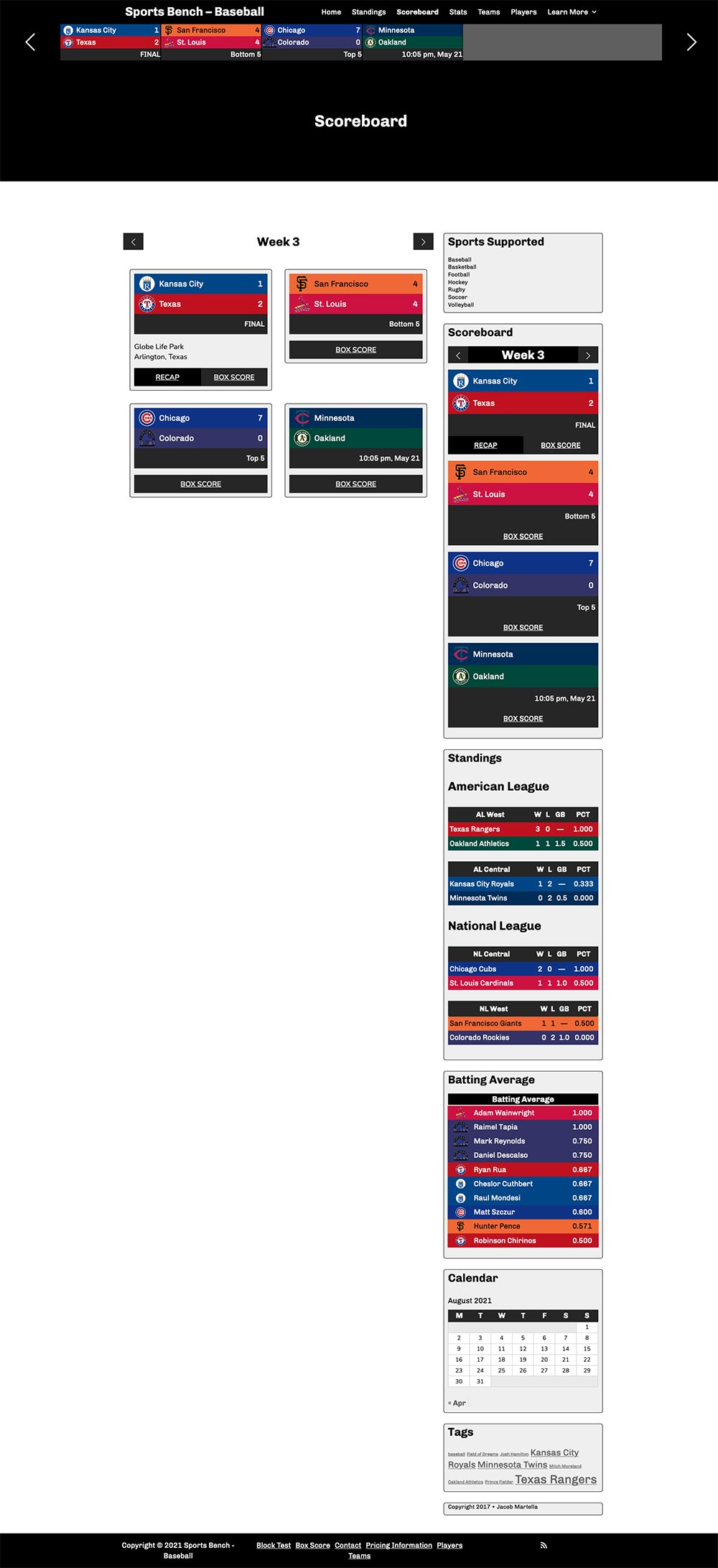 Screenshot of the baseball scoreboard page in Sports Bench