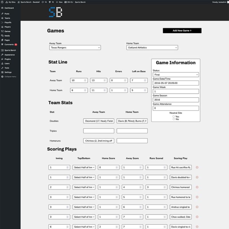 Screenshot of the baseball single game admin screen in Sports Bench