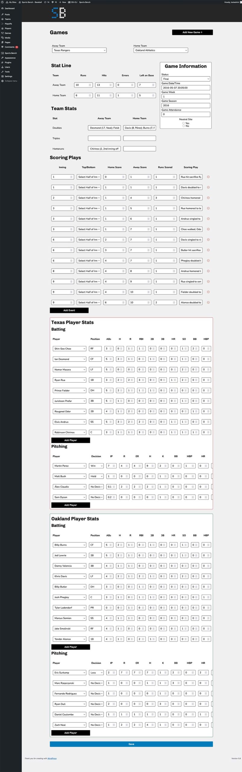 Screenshot of the baseball single game admin screen in Sports Bench