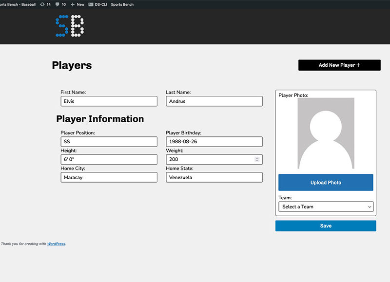 Screenshot of the baseball single player admin screen in Sports Bench