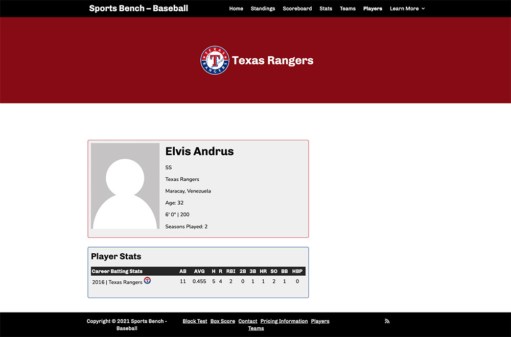 Screenshot of the baseball single player page in Sports Bench