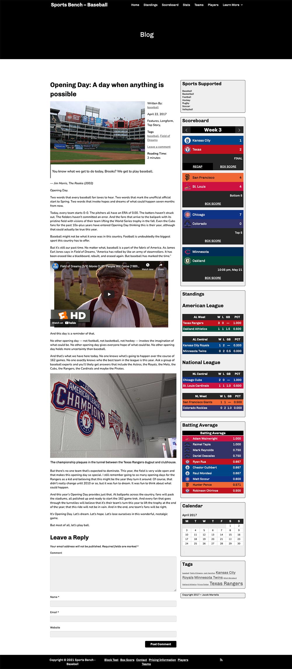 Screenshot of the baseball single post in Sports Bench