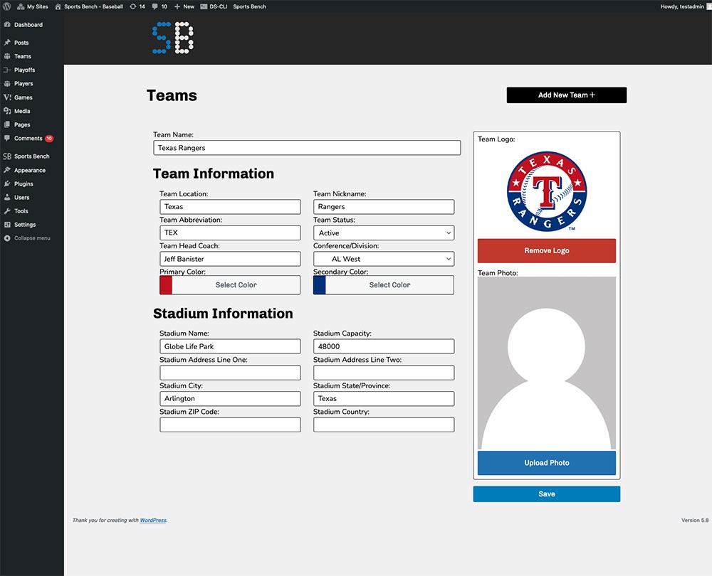 Screenshot of the baseball single team admin screen in Sports Bench