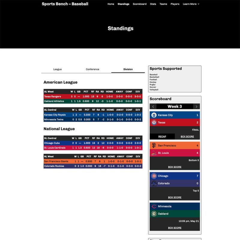 Screenshot of the baseball standings page in Sports Bench