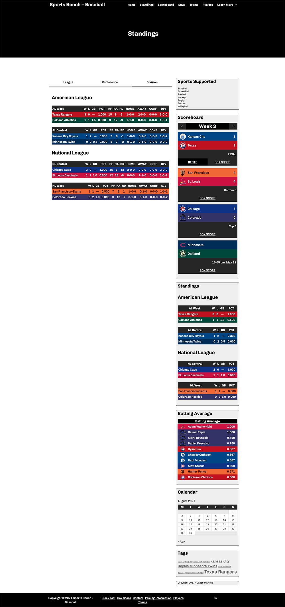 Screenshot of the baseball standings page in Sports Bench