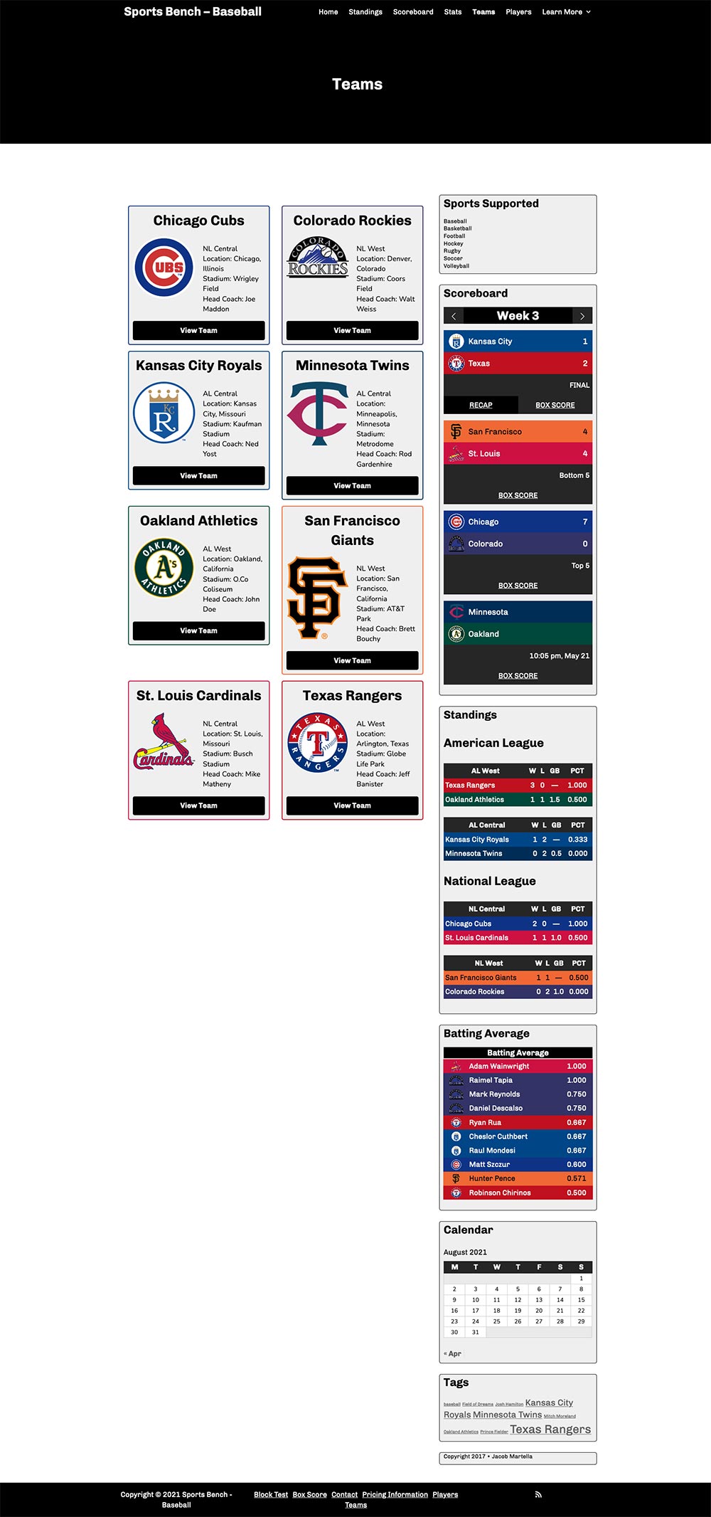 Screenshot of the baseball teams page in Sports Bench