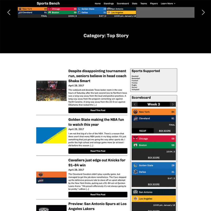 Screenshot of the basketball archive blog template in Sports Bench