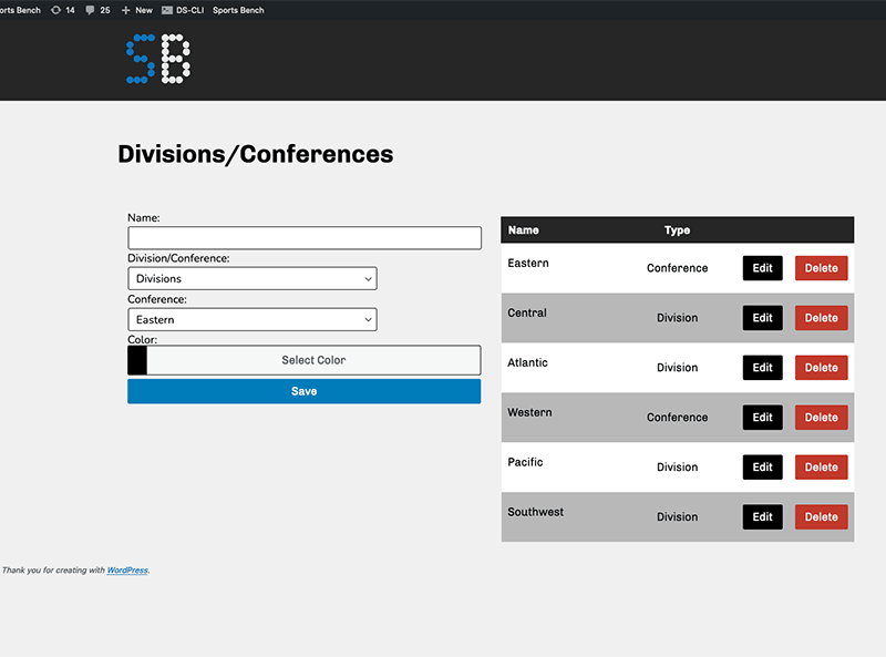 Screenshot of the basketball divisions admin screen in Sports Bench