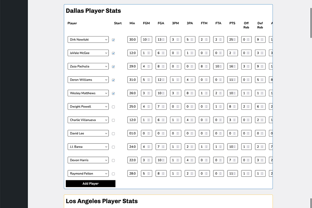 Screenshot of the basketball single game admin screen in Sports Bench