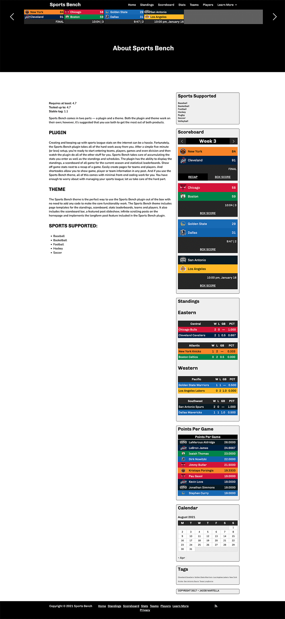 Screenshot of the basketball default page template in Sports Bench