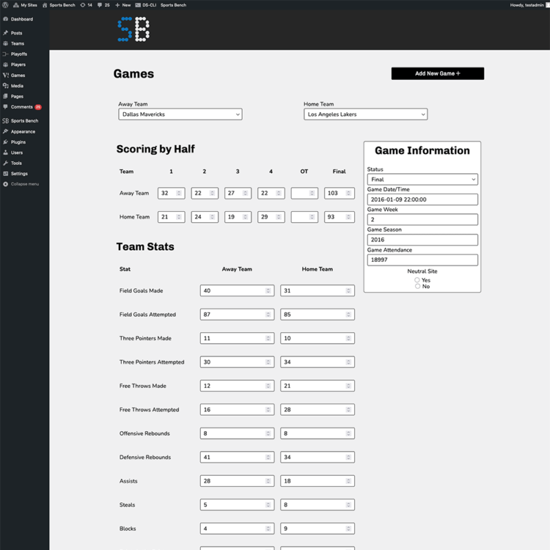 Screenshot of the basketball single game admin screen in Sports Bench