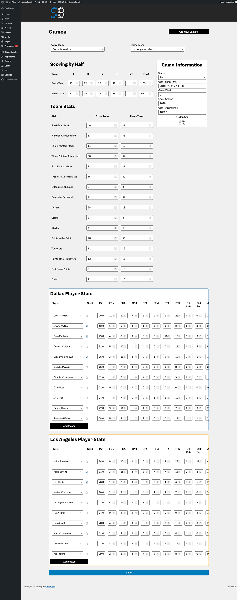 Screenshot of the basketball single game admin screen in Sports Bench