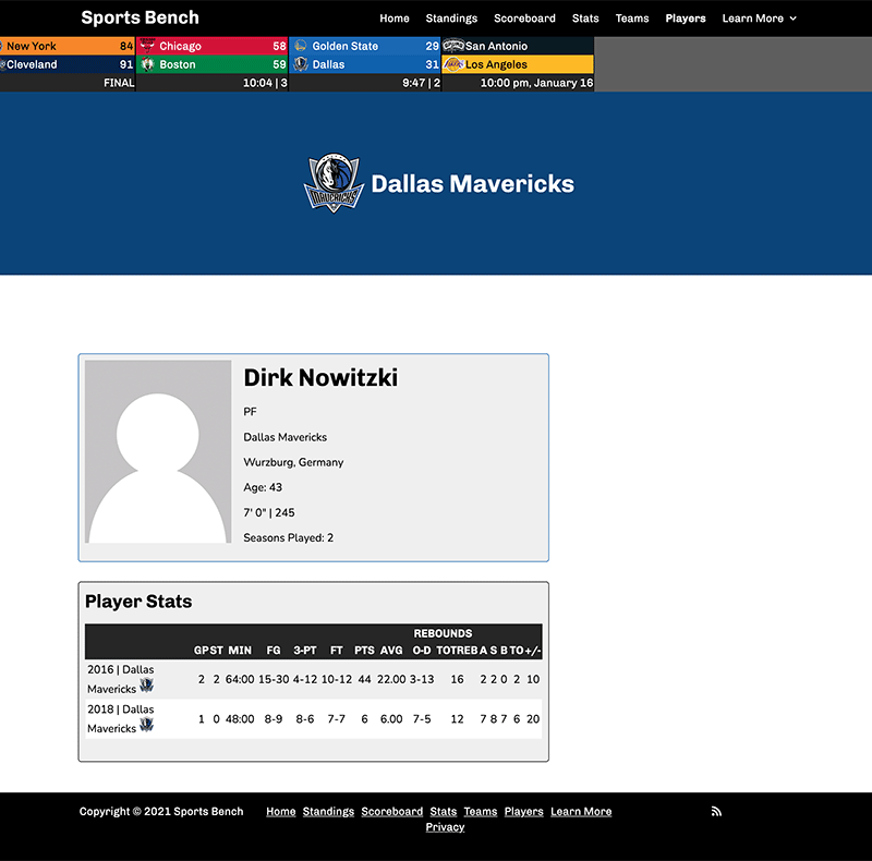 Screenshot of the basketball single player page in Sports Bench