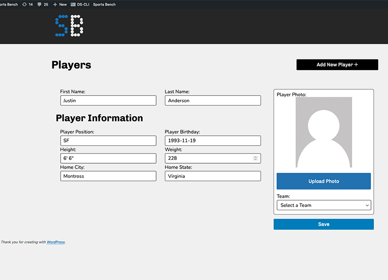 Screenshot of the basketball single player admin screen in Sports Bench