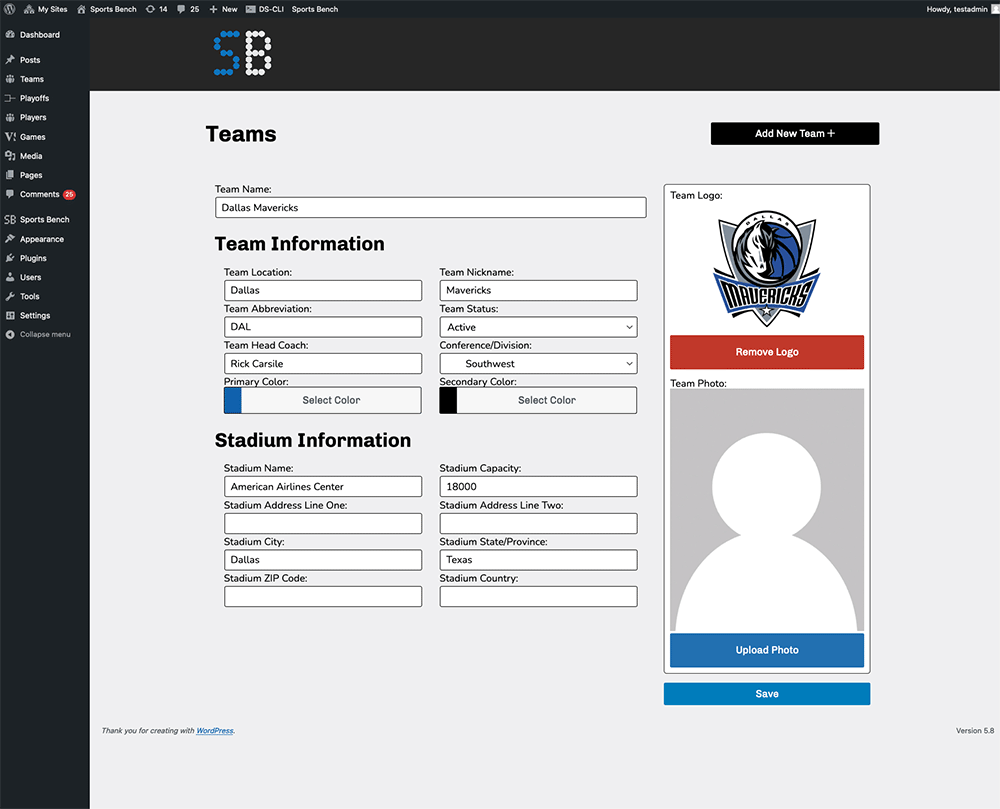 Screenshot of the basketball single team admin screen in Sports Bench