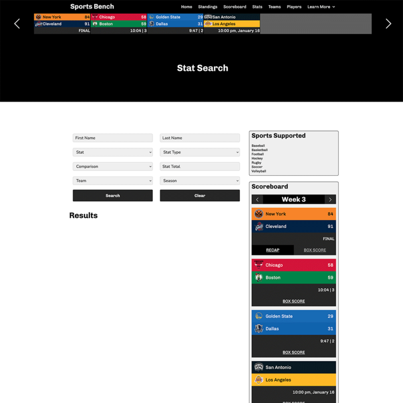 Screenshot of the basketball player stat search page in Sports Bench