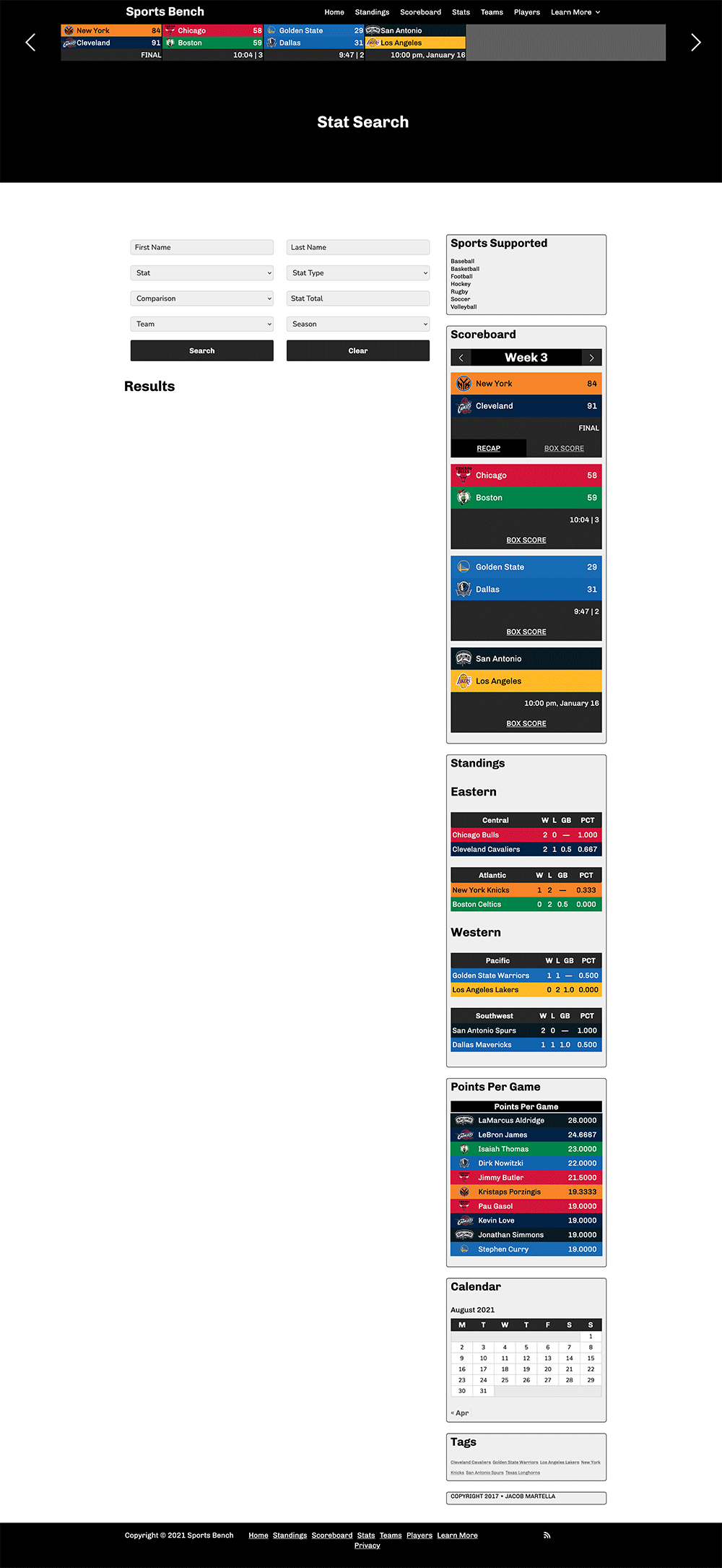 Screenshot of the basketball player stat search page in Sports Bench