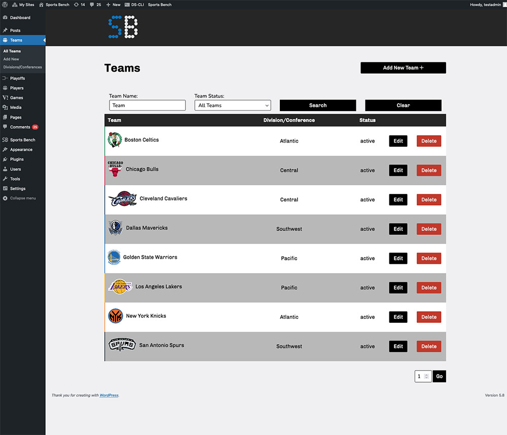 Screenshot of the basketball teams admin screen in Sports Bench