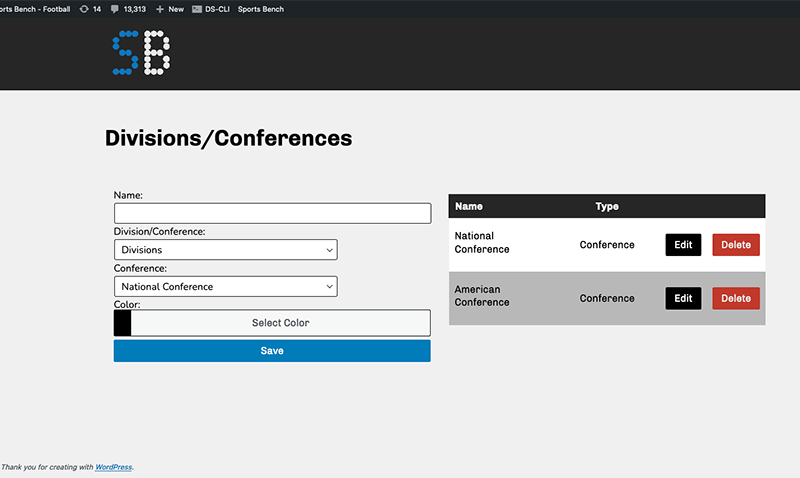 Screenshot of the football divisions admin screen in Sports Bench