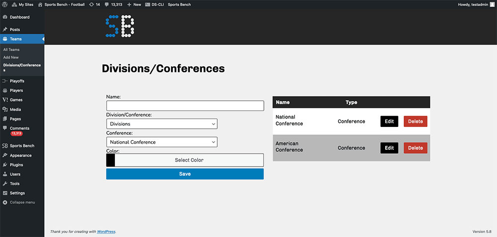 Screenshot of the football divisions admin screen in Sports Bench