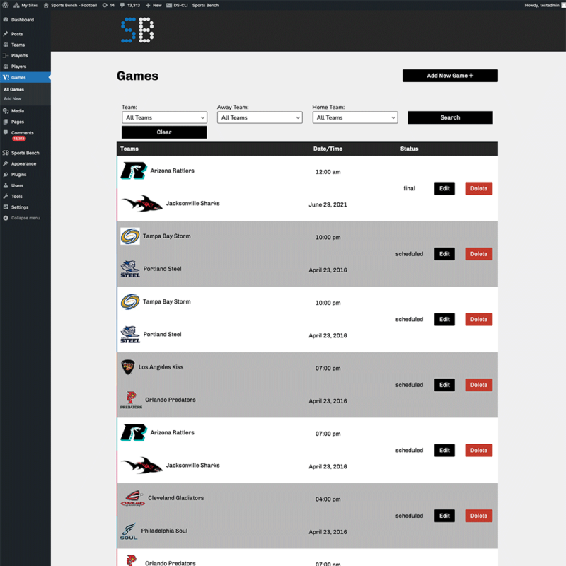 Screenshot of the football games admin screen in Sports Bench