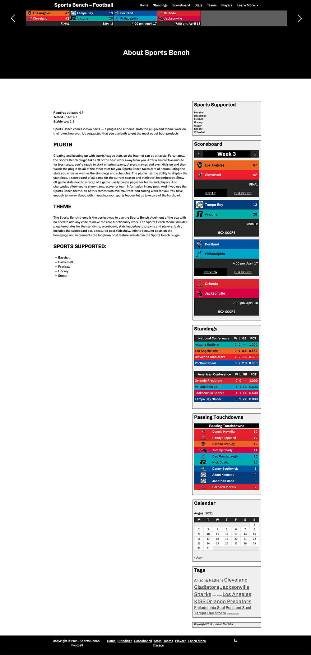 Screenshot of the football default page template in Sports Bench