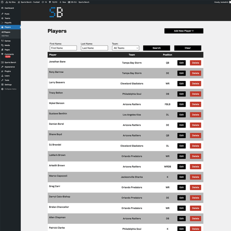 Screenshot of the football players admin page in Sports Bench