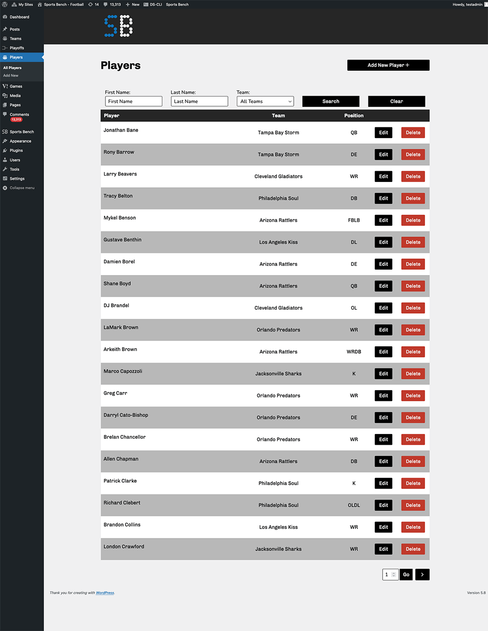 Screenshot of the football players admin page in Sports Bench
