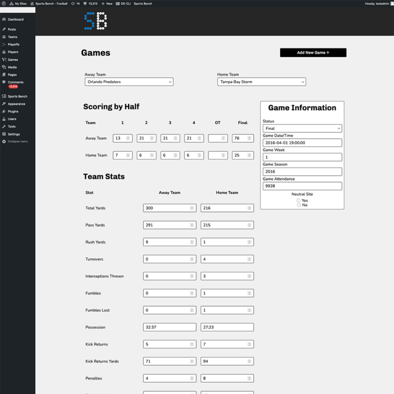 Screenshot of the football single game admin screen in Sports Bench