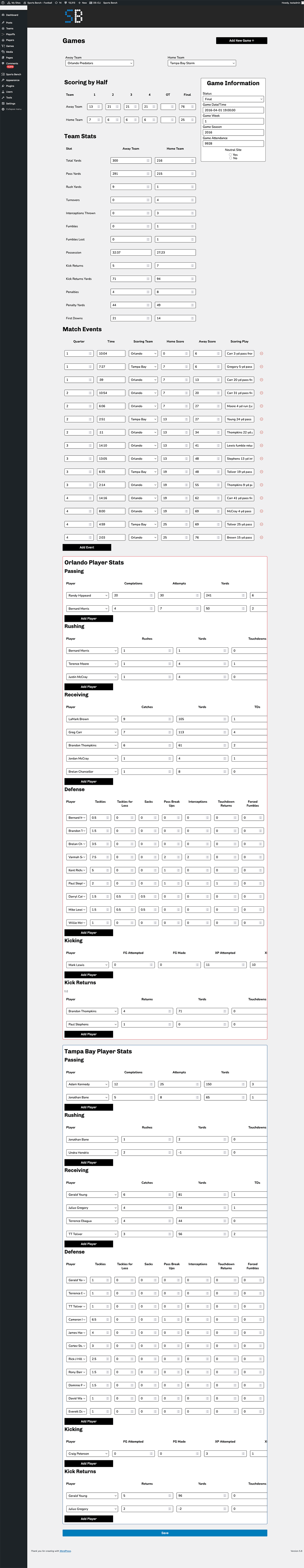 Screenshot of the football single game admin screen in Sports Bench