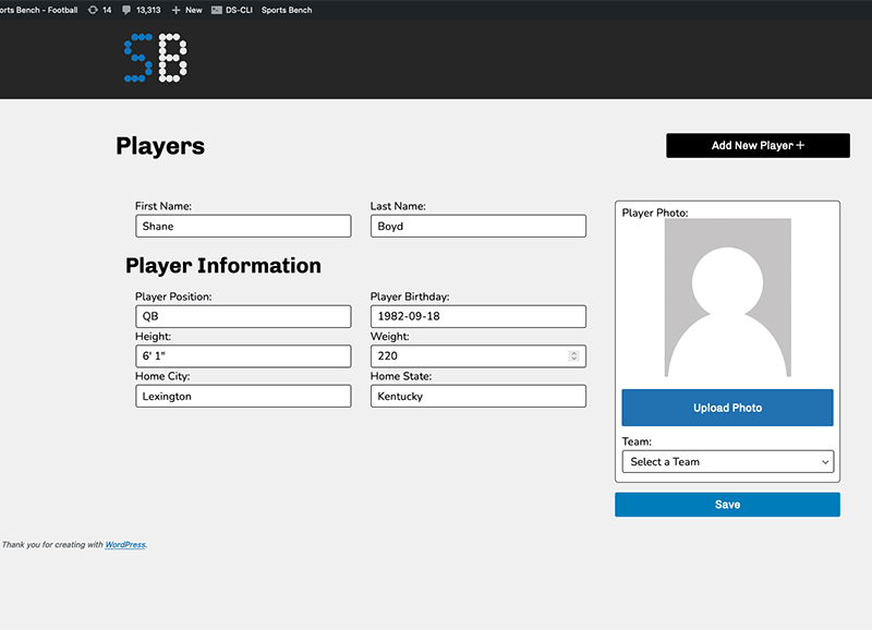 Screenshot of the football single player admin screen in Sports Bench