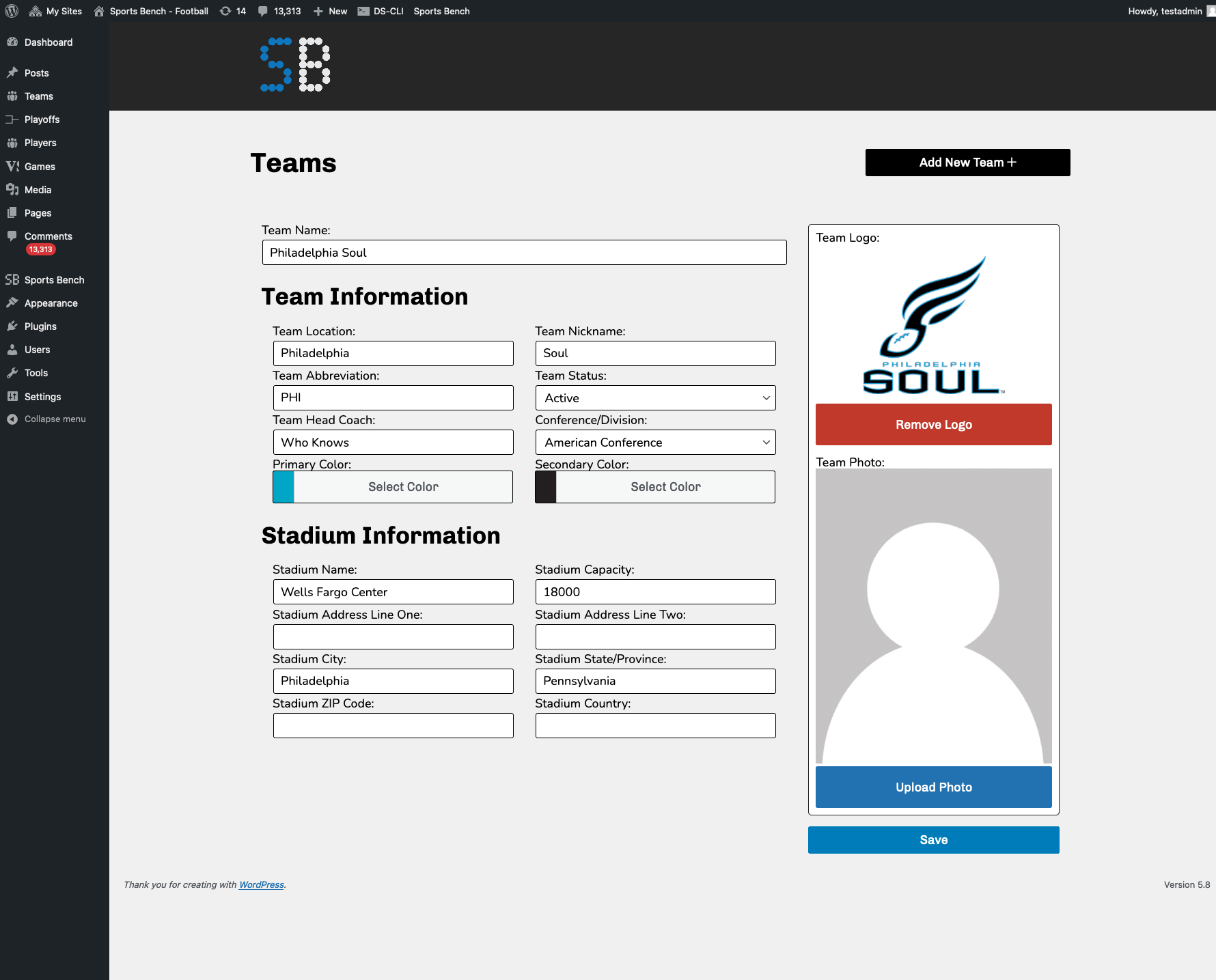 Screenshot of the football single team admin screen in Sports Bench