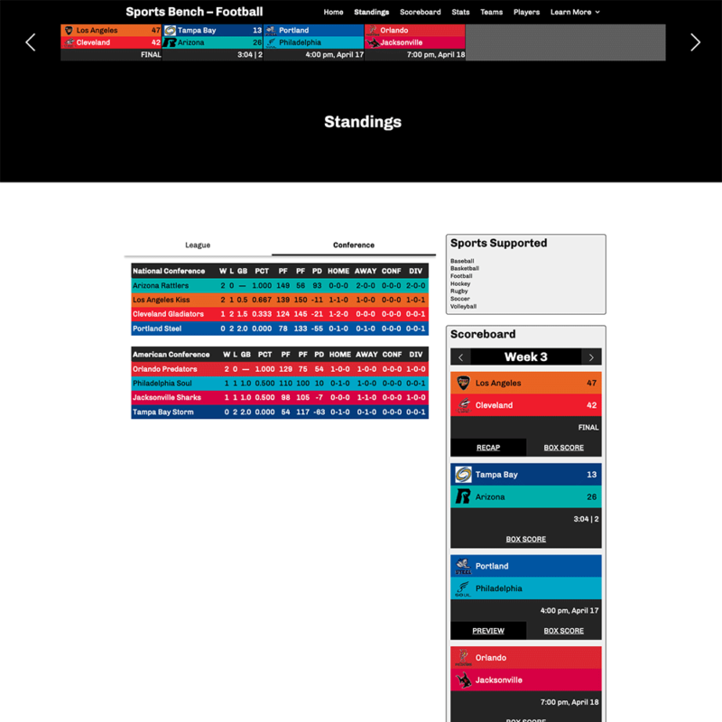 Screenshot of the football standings page in Sports Bench