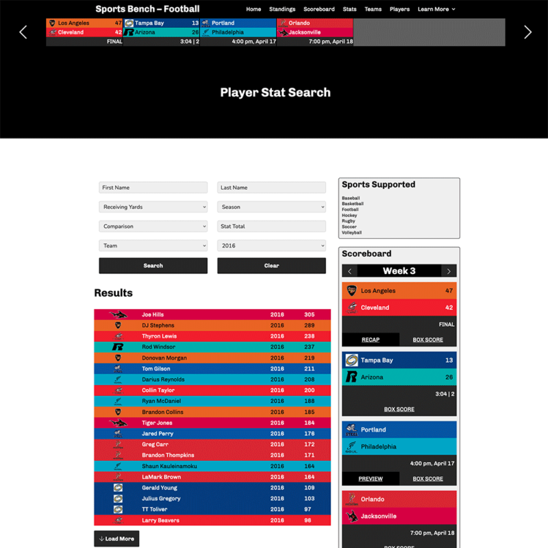 Screenshot of the football player stats search page in Sports Bench