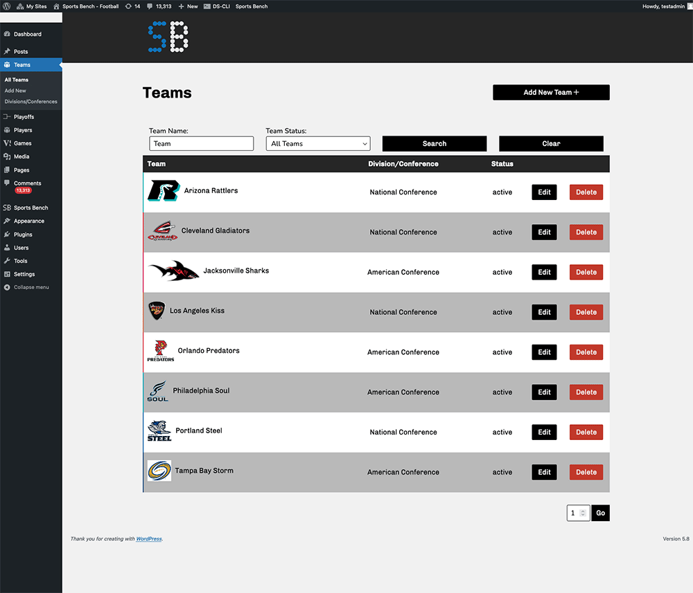 Screenshot of the football teams admin screen in Sports Bench