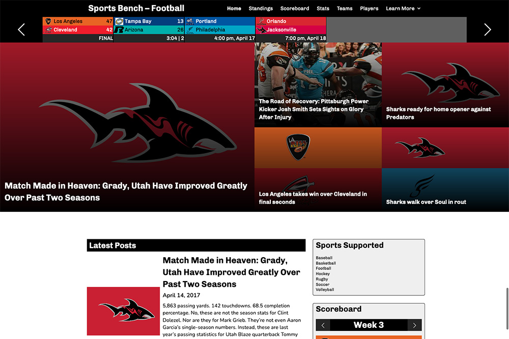 Screenshot of the football tiled homepage in Sports Bench